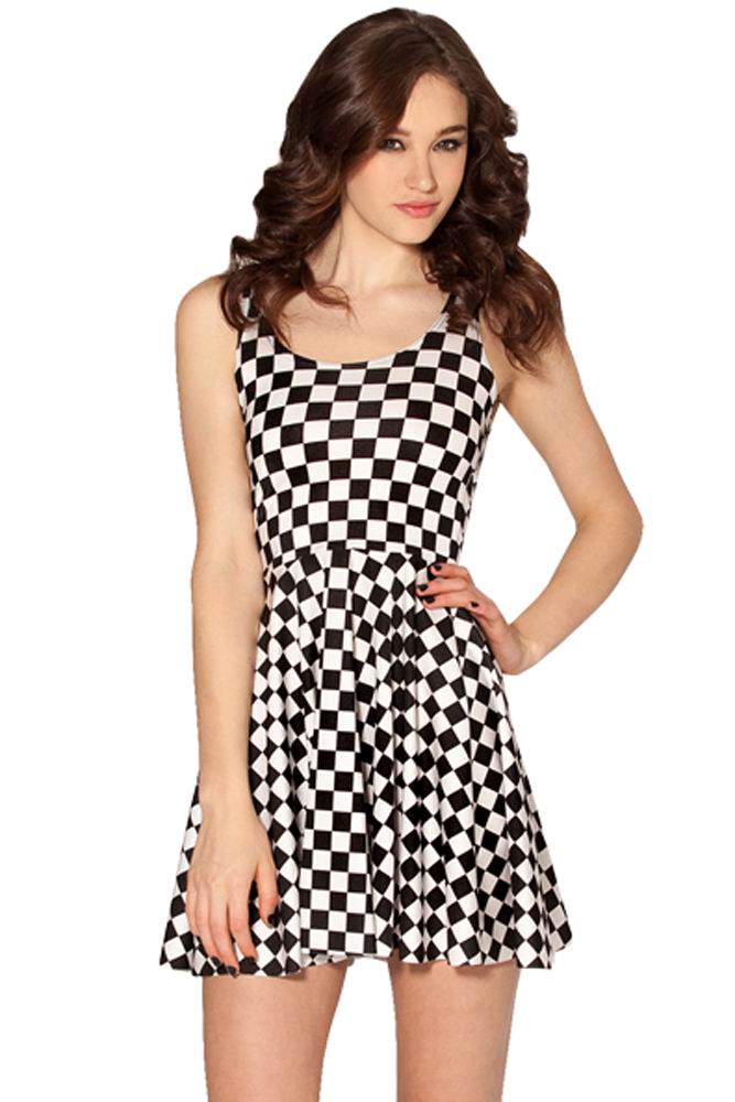 F33053  Stylish Chessboard Skater Dress